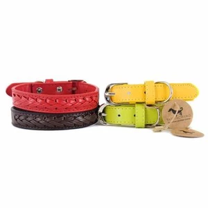 Collier en cuir véritable pour chien de compagnie collier chat chiot boucle de cou réglable couleur pure - Photo 1/14