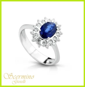 ANELLO ORO BIANCO 18K: VERO ZAFFIRO E DIAMANTI NATURALI 0.81 CARATI CERTIFICATO - Picture 1 of 4