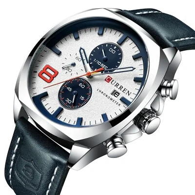 CURREN Men Watch Quartz Waterproof Sport Watch Chronograph Leather 8324 - Image 1 of 4