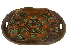 Gorgeous VTG Mexican Carved Wood Hand Painted Serving Tray ART w Handles 20x13”