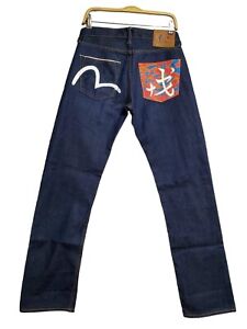 Mens EVISU Denim Jeans Size 31x32 Blue Selvedge Painted Logo Lot 2008 Embroider