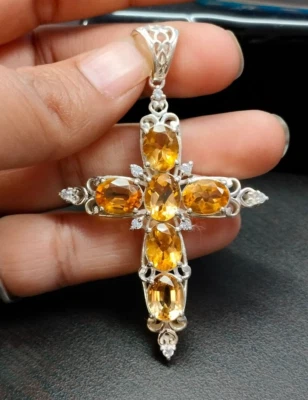 Edelstein Feuriger Citrin Sterling Silber KREUZ Anhänger November Geburtsstei... - Bild 1 von 4