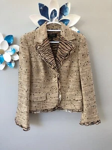Gently used ESCADA tweed woven suit blazer jacket animal silk ruffle sz 38 M 6 - Picture 1 of 10