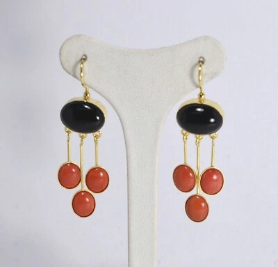 ORECCHINI ARGENTO DORATO ONICE 16 x 12 mm OVALE CORALLO  8 x 10 mm   AGHT 0584 - - Immagine 1 di 3