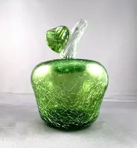 Vintage Crackle Hand Blown Glass Green Apple - Paperweight or Decor - Picture 1 of 10