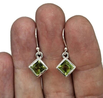 Peridot Earrings, 6 carats, Sterling Silver, Diamond Faceted, Green Gemstone - Image 1 of 4