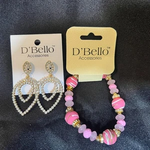 D’Bello Jewelry Set Rhinestone Drop Earrings Pink Beaded Bracelet New Old Stock - Picture 1 of 8