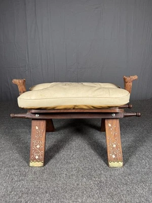 Vintage Carved Wood Camel Saddle Stool Ottoman with Inlaid Legs & Cushion - Image 1 of 4