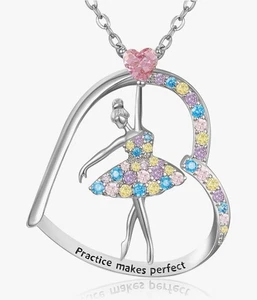 Ballerina Pink Heart Necklace Silver Practice Makes Perfect Ballet Dance Recital - Picture 1 of 5