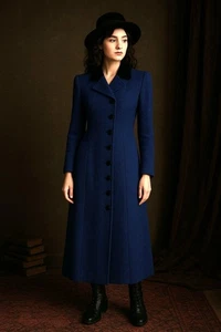 Vintage 1980s Blue Tweed Long Coat Dress Asymmetrical Button Front Retro Witchy - Picture 1 of 12