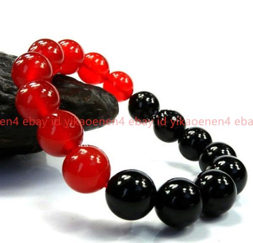 VALENTINO Bellissimo Braccialetto Perline Perline Giada Rossa Giada Nera 12mm Agata Nera 7 9in