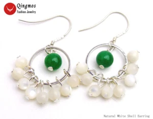 4mm Round White Shell Beads Dangle Earring for Women Green Jade Dangle Earring - Picture 1 of 9