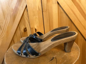 Ann Taylor Carol Black Leather Open-Toe Heels wood 9M - Picture 1 of 7