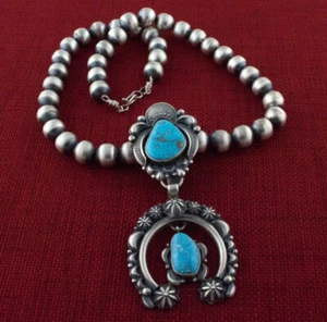 Sterling Silver Bead Necklace With Natural Kingman Web Turquoise Naja - Picture 1 of 4
