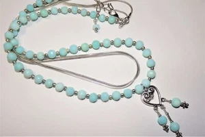 Striking Sky Blue Larimar Bead & Sterling Triple Chain Heart Pendant Necklace - Picture 1 of 9