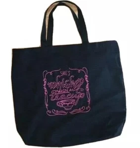 Tote Bag She’s Whiskey in a Teacup Embroidered Tote Bag Black w Pink Letters - Picture 1 of 7