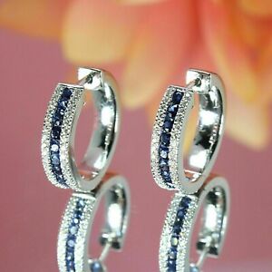 2Ct Round Cut Simulated Blue Sapphire Huggie/Hoop Earrings 14K White Gold Plated