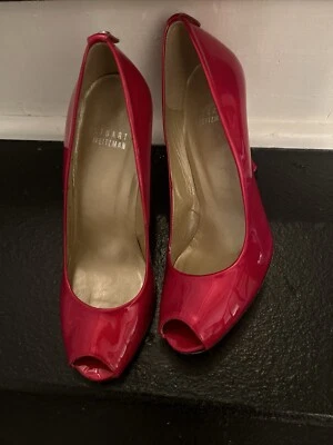 Zapatos de tacón de aguja Stuart Weitzman rojo brillante charol punta abierta talla 8 Foto 1 de 4