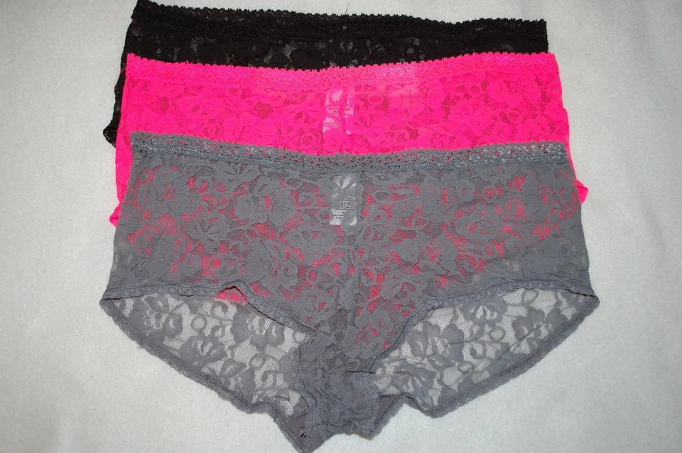 LOTE DE 3 PR bragas de encaje hipsters Lowrise NEGRAS Gris ROSA INTENSO XS-S para jóvenes mujeres Foto 1 de 1