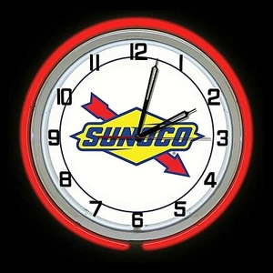 19" Sunoco Oil Sign Double Red Neon Clock Gasoline Gas Man Cave Garage - Picture 1 of 2