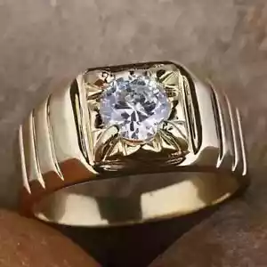 2CT Round Cut Real Moissanite Men's Solitaire Ring 14k Yellow Gold Plated Silver - Picture 1 of 7