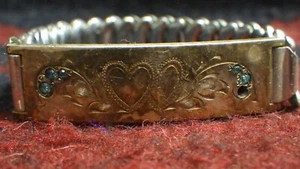 vintage sterling plaque silver stretch ban double heart love bracelet rhinestone - Picture 1 of 5