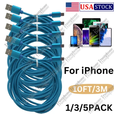 Cargador USB de nailon de 10 pies para iPhone iPad cable de carga trenzado cable adaptador de alimentación Foto 1 de 4