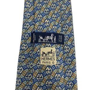 Hermes Men's Tie Geometric Floral Sage/Blue Silk 7740 OA 3.5" (W) x 57" (L) euc - Picture 1 of 7