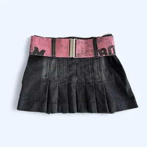 Miss Sixty Y2K Black Denim Pleated Mini Skirt & Pink Detachable Belt Size Large - Picture 1 of 11
