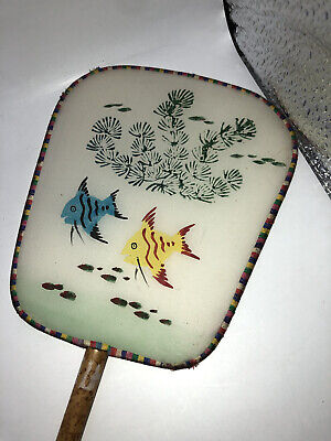 Vintage Chinese Handmade Hand Painted Silk Paddle Fan W/ Bamboo Handle GUC Fish • 7.49$