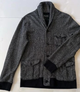 J.Crew Cardigan Maglione Pile Uomo M Nero Bottoni Texturizzati Scialle Colletto Tasca - Foto 1 di 10