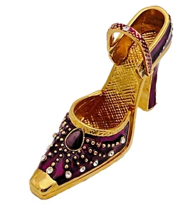 Tall Miniature Stiletto Shoe-Vibrant Deep Red + Gold 3" Long 2-1/4"-Rhinestones - Picture 1 of 14