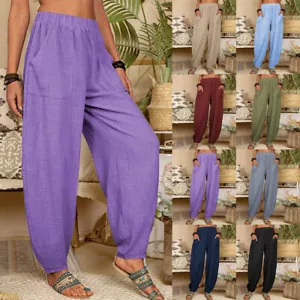 Womens Harem Pants Summer Combat Cargo Wide Leg Baggy Hippie Trousers Plus Size - Picture 1 of 26