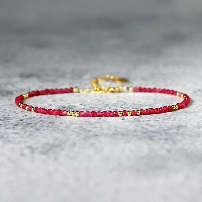 Natural Faceted Ruby Tiny 2mm Beads Healing Reiki Dainty Gold Chain Bracelet - Image 1 of 3