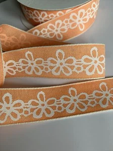 2Metre 25mm Orange Burlap White Flower Ribbon Cake Vintage Mothers Day Easter - Picture 1 of 3