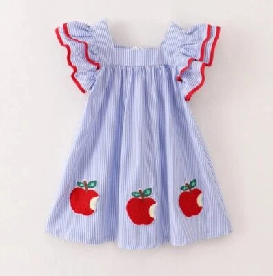 Boutique Back to School Chenille Patch Apple Girls Blue Ruffle Dress - Image 1 of 4