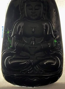 Black Green Burma 100% Natural A jadeite Jade Pendant~Guan Yin - Picture 1 of 13