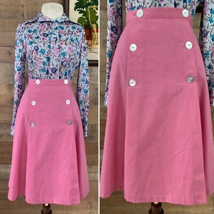 Vintage 1970s Pink Cotton Button Front Wrap A-line Skirt Size Small - Picture 1 of 5