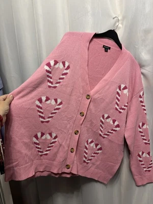 @344 Boohoo Sz M 12/14 Pink Knit Candy Cane Hearts Xmas Cardigan - Image 1 of 4