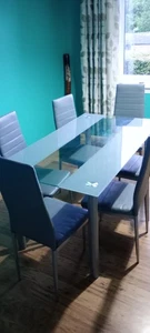 DINING TABLE AND 6 GREY CHAIRS DINING TABLE SET GLASS BLACK KITCHEN SET - Picture 1 of 6