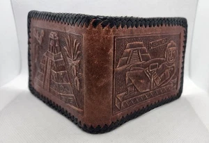 Vintage Mexico Hand Tooled Laced Men's Leather Wallet Travel Souvenir 1970s - Picture 1 of 6
