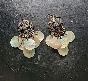 Pretty Antiqued Bronze and Opalescent Shell Earrings - Picture 1 of 4