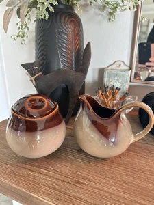 Sango Nova Brown Drip Glaze Stoneware Lidded Sugar Bowl and Creamer Set. - Picture 1 of 1