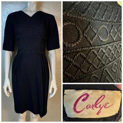 Vestido de manga corta de lana bordado negro CARLYE vintage años 60 para dama pequeño Foto 1 de 4