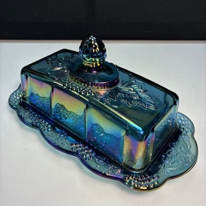 Vintage Butterdose Indiana Carnival Glas blau irisierend Ernte Traube bedeckt - Bild 1 von 11