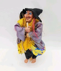 Hanging Witch Decoration Kitchen Witch On Broom Halloween Old Hag Purple Yellow - Picture 1 of 9