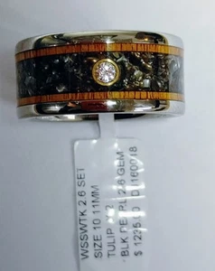 Titanium Band-Crushed Pearl & Wood Inlay-Flush set Diamond, size10, 11 mm wide - Picture 1 of 7