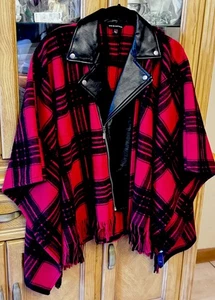 Rock & Republic Moto Style Red Black Plaid Cape Poncho Generous Size ( Sz XS/S ) - Picture 1 of 8