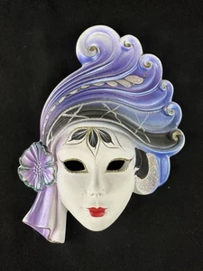 Venetian Carnival Mask Hand Painted Ceramic Wall Hanging Italian White Purple - Picture 1 of 14