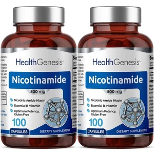 Health Genesis Nicotinamide Vitamin B-3 Flush Free 500 mg 100 Caps 2 pack - Picture 1 of 3